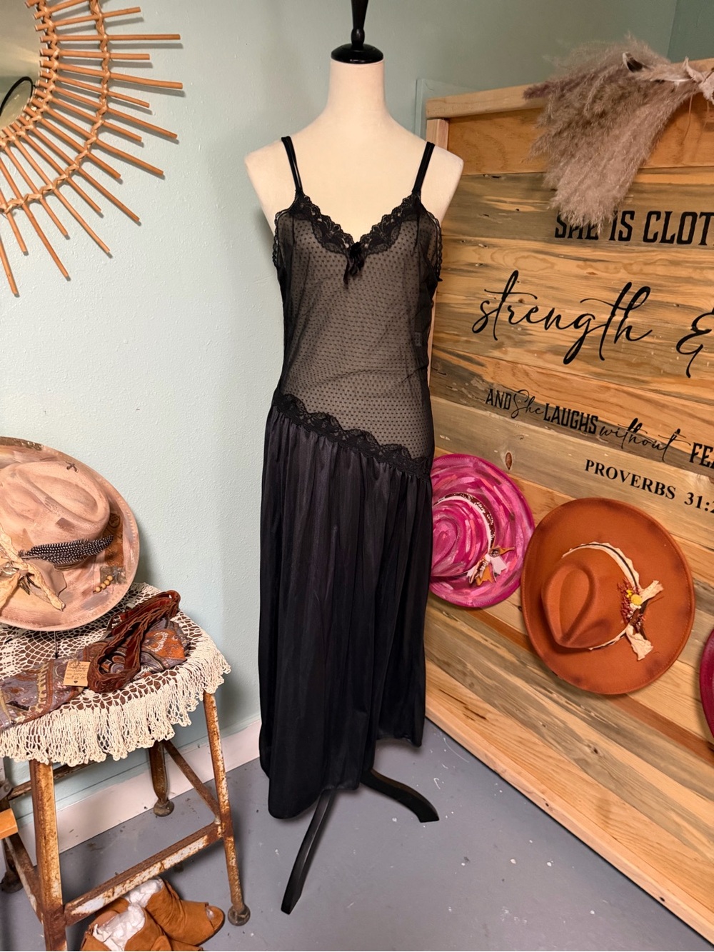 Vintage Black Lace Trim Sheer Slip Dress